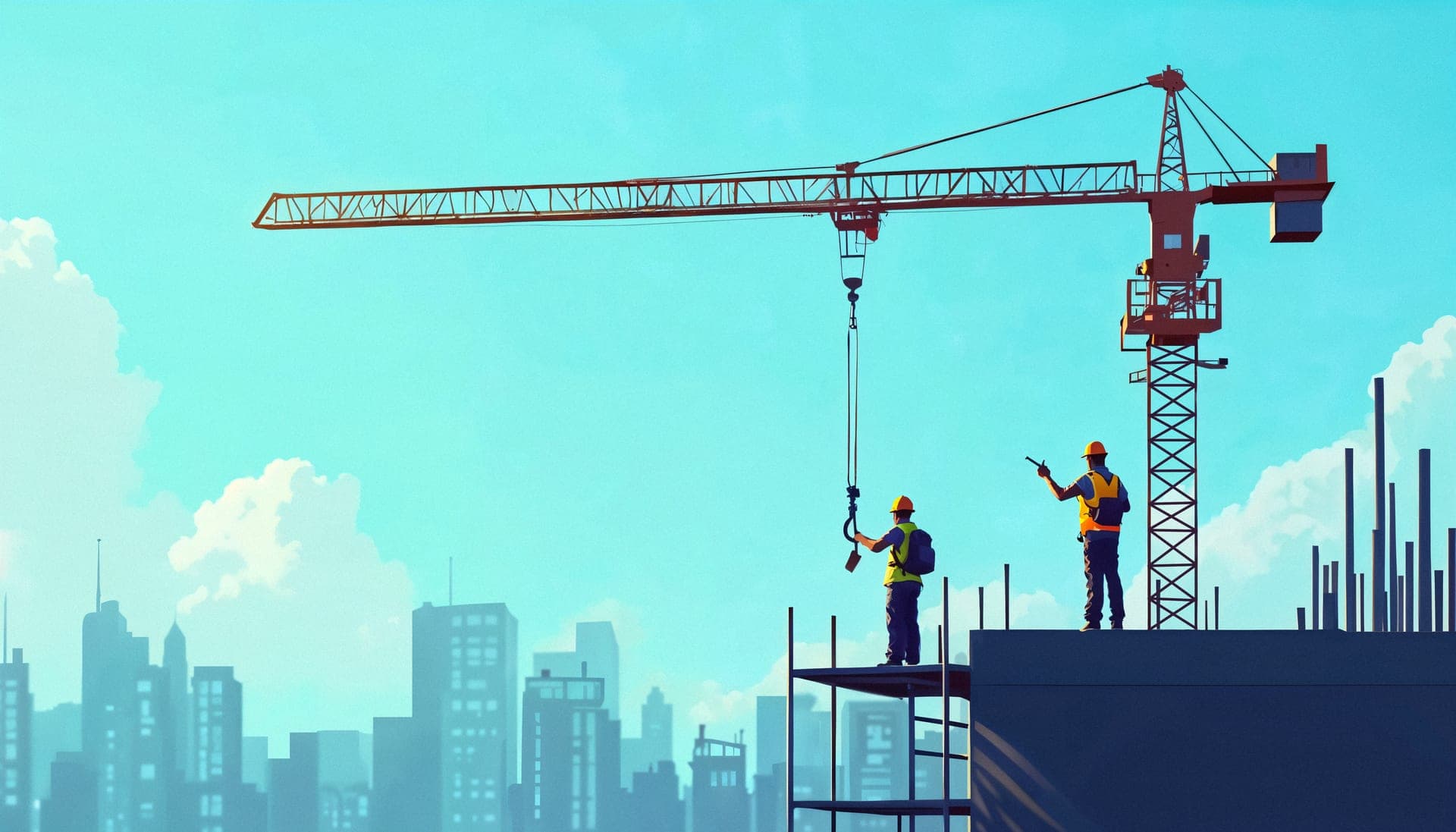 Konstruksi gedung tinggi — pekerja dan tower crane